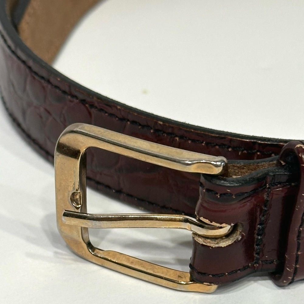 BILL BLASS DESIGNER CORDOVAN BROWN LEATHER BELT, CROCO-EMBOSSED, GOLD BUCKLE, - Picture 3 of 14
